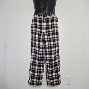 LL Bean Pajama Pants Burgundy Plaid Fleece Lined Flannel Lounge  Size Large